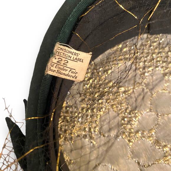 Vintage Wool Pill Box Hat with Veil Sz OS Forest Green Leaf Accents 1950s Twee - Picture 9 of 11